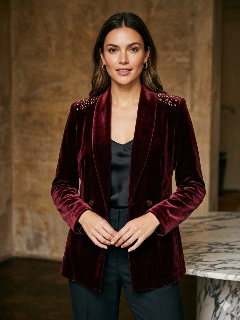 Sister Jane Velvet Stud-Embellished Blazer in Deep Burgundy.